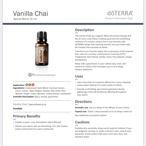 SOLD OUT!! doTerra Vanilla Chai - Spiced Blend 15ml - BRAND NEW & SEALED - Picture 2 of 5